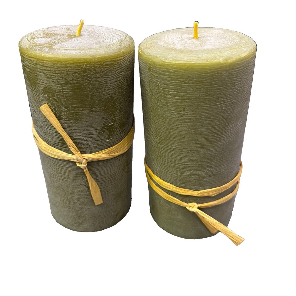 Northern Lights Textured Candle Pillars Set (2) Moss Green 3x6 Raffia Fall Decor